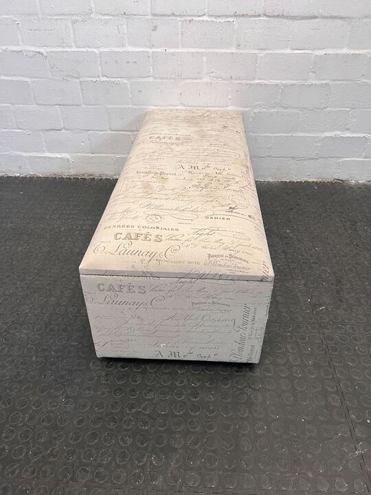White Storage Ottoman with Printed Decorative Writings - PRICE DROP