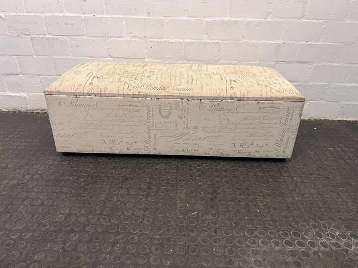 White Storage Ottoman with Printed Decorative Writings - PRICE DROP