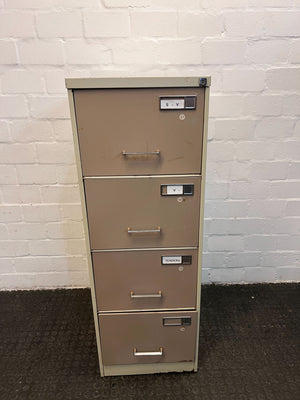 Beige Four Drawer Metal Filing Cabinet with Metal Handles & Brass Metal Label Holder (Minor Scratched Paint/Chipped Paint) - REDUCED