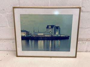 Blue Tinted Olden Day Waterfront Harbor at Night Thin Framed Photo (Width: 51.5cm) (Height: 41cm)