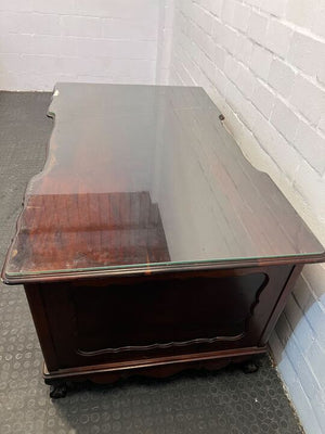 Antique Six Drawer Ebony Wooden Large Desk (Glass Top Cracked) (Width: 152cm) (Height: 78cm)