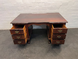 Antique Six Drawer Ebony Wooden Large Desk (Glass Top Cracked) (Width: 152cm) (Height: 78cm)