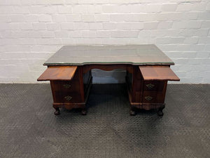 Antique Six Drawer Ebony Wooden Large Desk (Glass Top Cracked) (Width: 152cm) (Height: 78cm)