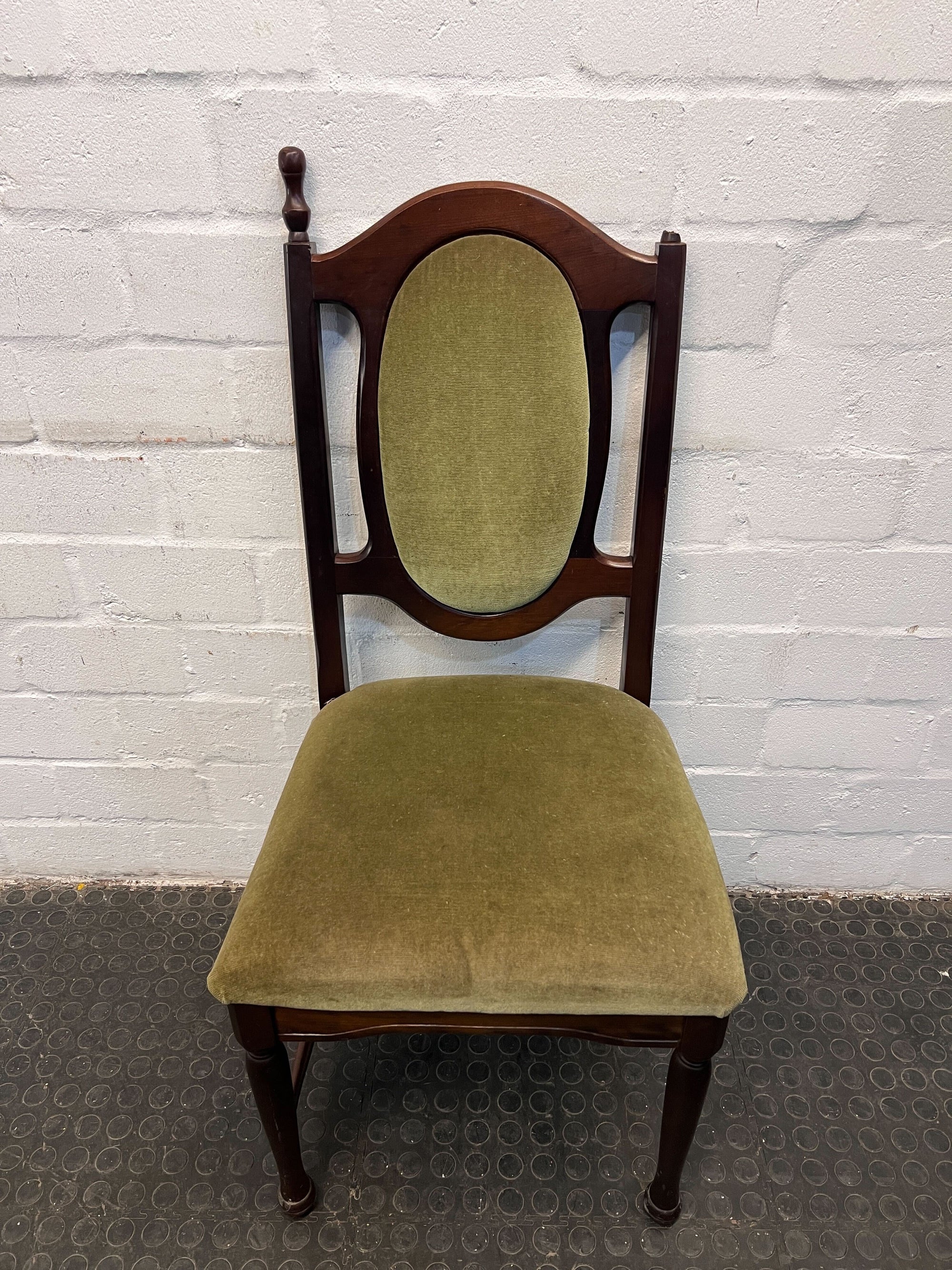 Wooden Dining Chair with Green Velvet Seat (Left Backrest Handle Broken Off)