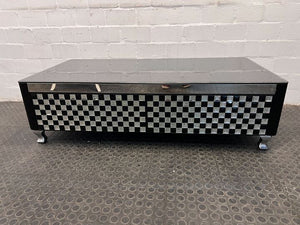 Tempered Glass Black Coffee Table with Two Checkered Drawers