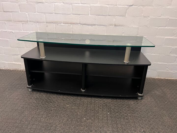 Black Wooden TV Stand with Glass Top Shelf (Width: 140cm)(Height: 65cm) - REDUCED