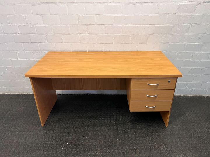 Light Brown Wooden Office Desk with Three Drawers & Metal Handles (Width: 161cm)(Height: 76cm)