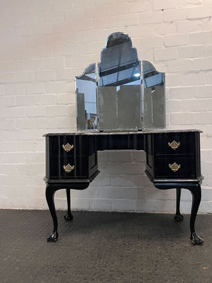 Gothic Black Dressing Table with Four Drawers & Mirror (Scratched)(Width: 127cm)(Height: 174cm)