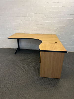 Light Brown L-Shaped Office Desk with Black Metal Frame & One Drawer Credenza (Width: 170cm)(Height: 73cm)