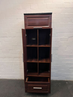 Brown Wooden Wardrobe with Six Shelves and Drawer (Hole in the Back)