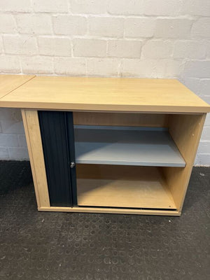 Light Brown L-shape Wooden Desk with Two Shelved Side Roller Door Cabinet (Width: 180cm)(Height: 73cm)