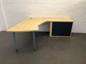 Light Brown L-shape Wooden Desk with Two Shelved Side Roller Door Cabinet (Width: 180cm)(Height: 73cm)