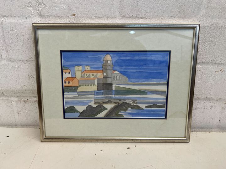 E. Schwickerdt  Water Coloured Lighthouse & Port by the Harbor Framed Painting (Width: 47cm)(Height: 37cm)