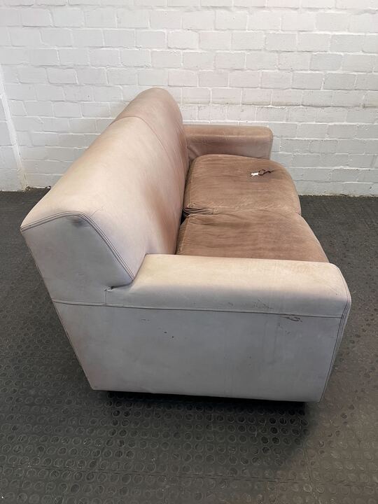 Beige Leather Three Seater Couch (Stained/Discoloured with Minor Tears)(Torn Cushion) - REDUCED