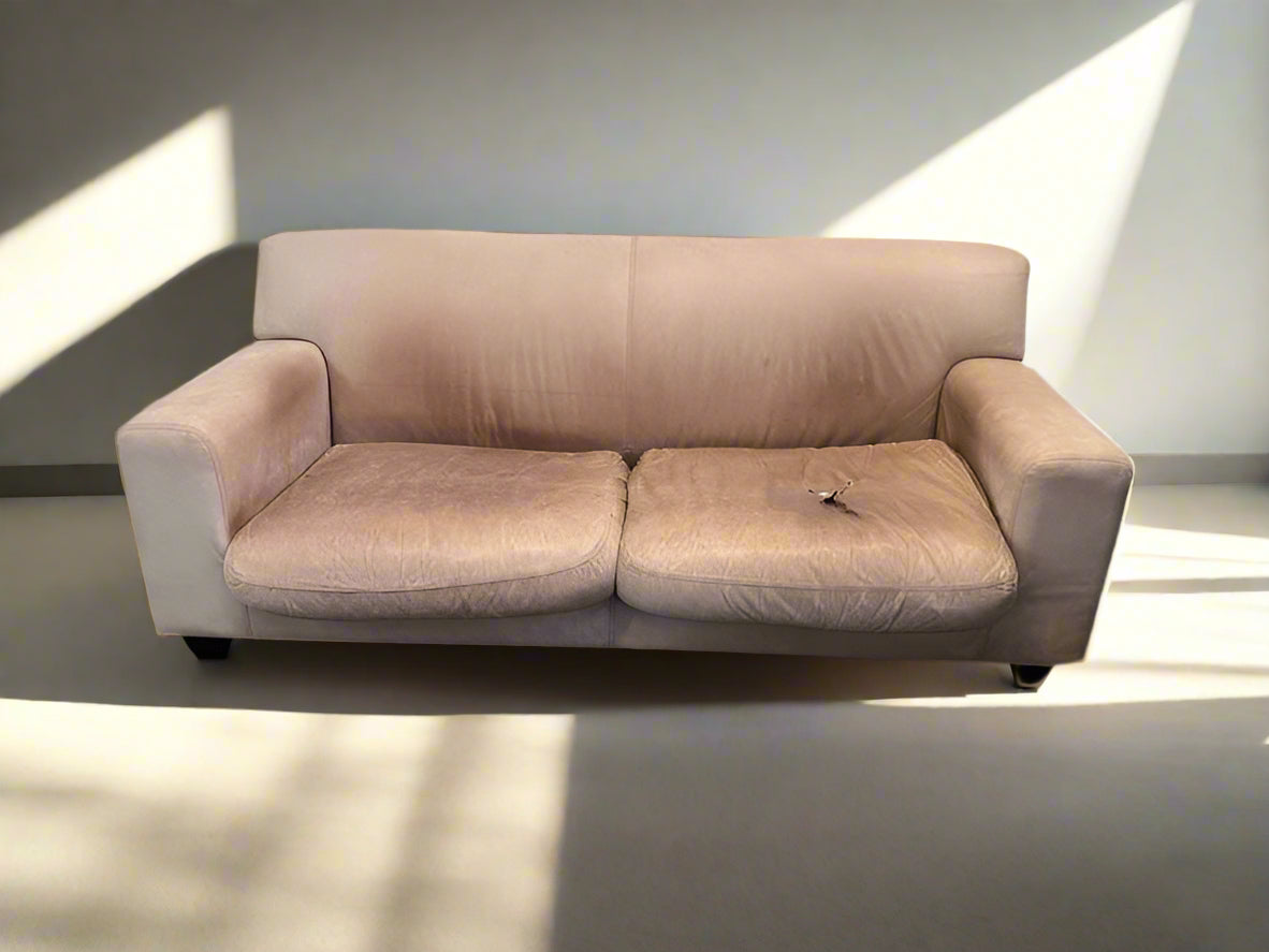 Beige Leather Three Seater Couch (Stained/Discoloured with Minor Tears)(Torn Cushion) - REDUCED