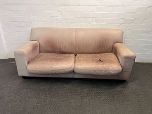 Beige Leather Three Seater Couch (Stained/Discoloured with Minor Tears)(Torn Cushion)