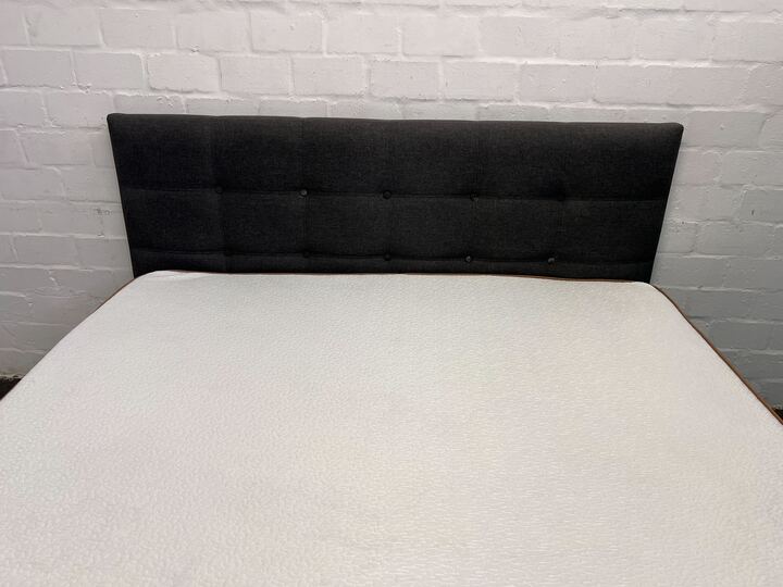 Modern Grey Upholstered Bed with Tufted Headboard & Mattress Topper