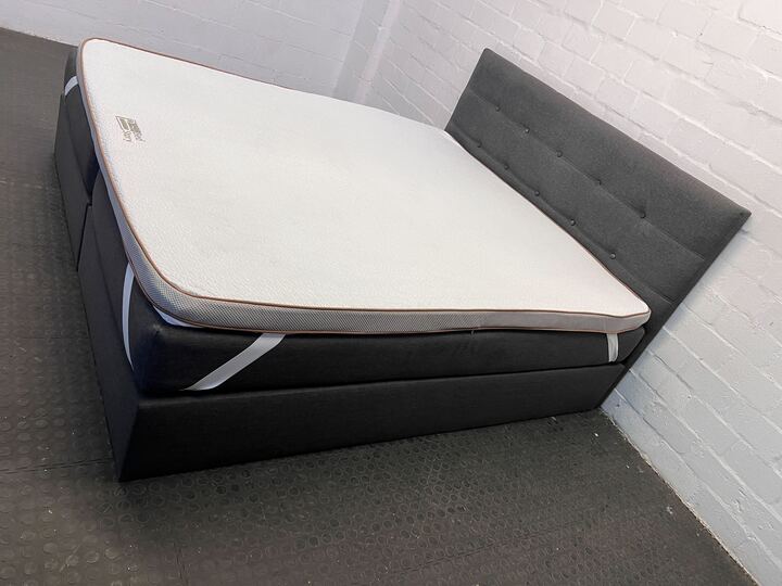 Modern Grey Upholstered Bed with Tufted Headboard & Mattress Topper