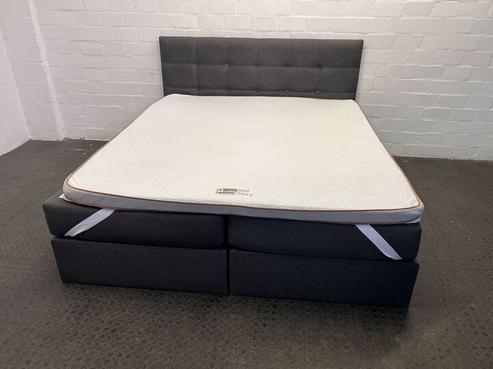 Modern Grey Upholstered Bed with Tufted Headboard & Mattress Topper