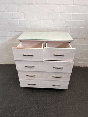 White Pine Five Drawer Dresser with Glass Top (Width: 91cm)(Height: 91cm)