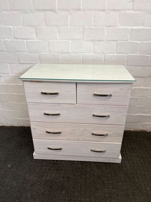 White Pine Five Drawer Dresser with Glass Top (Width: 91cm)(Height: 91cm)