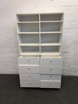 White Upright Divided Four Tier Bookshelf with Eight Drawers (Width: 95.5cm)(Height: 170cm)