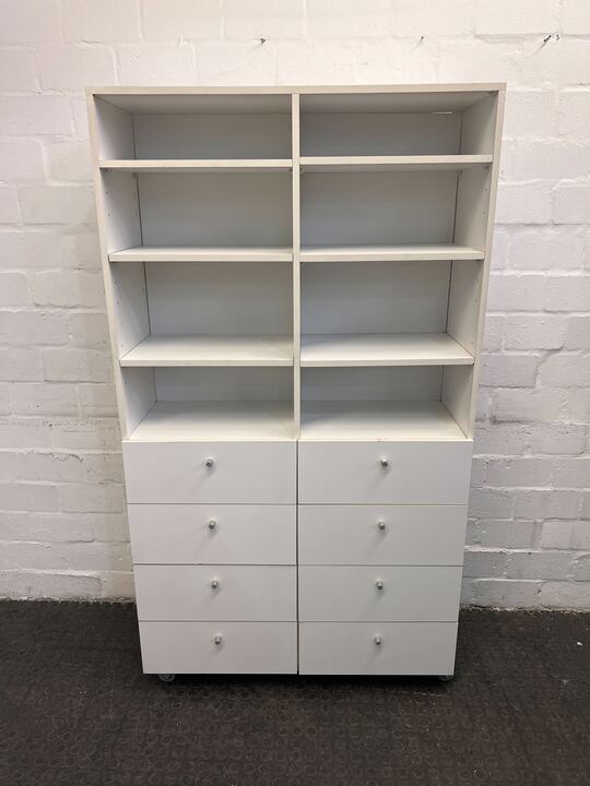 White Upright Divided Four Tier Bookshelf with Eight Drawers (Width: 95.5cm)(Height: 170cm)