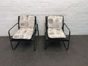 Black Steel Framed Newspaper Patterned Cushioned Outdoor Patio Chair