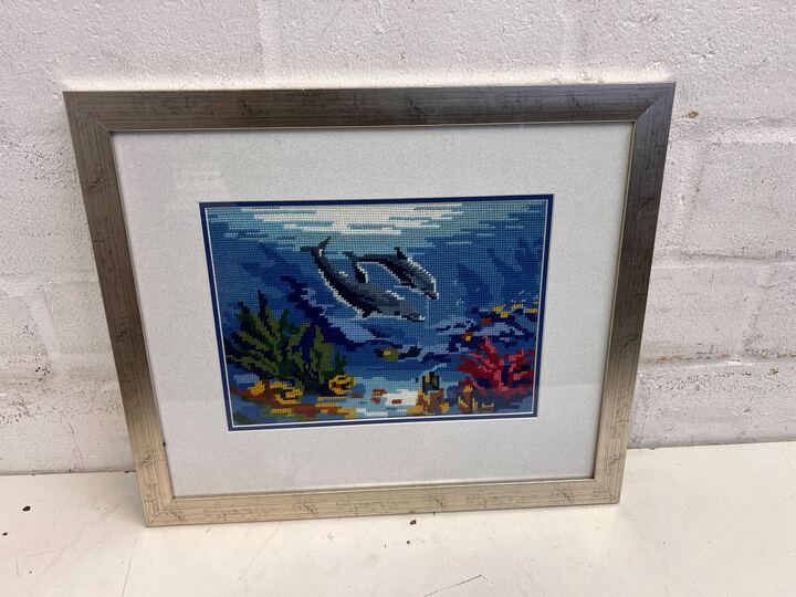 Knitted Dolphins in the Reef Framed Art (Width: 48cm)(Height: 42cm)