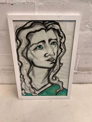 Pensively Thinking Woman in Green Wooden Framed Art (Width: 30cm)(Height: 45cm)