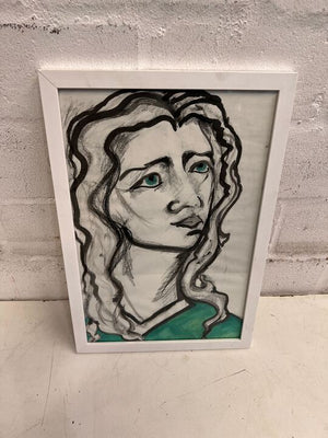 Pensively Thinking Woman in Green Wooden Framed Art (Width: 30cm)(Height: 45cm)