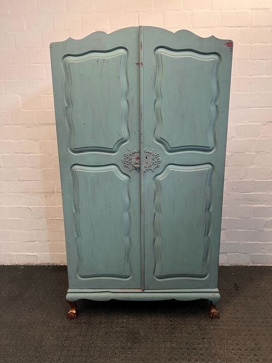 Wooden 19th Century French Styled Blue Cupboard with Railing & Mirror (Scratched) (Width: 107cm)(Height: 194cm)