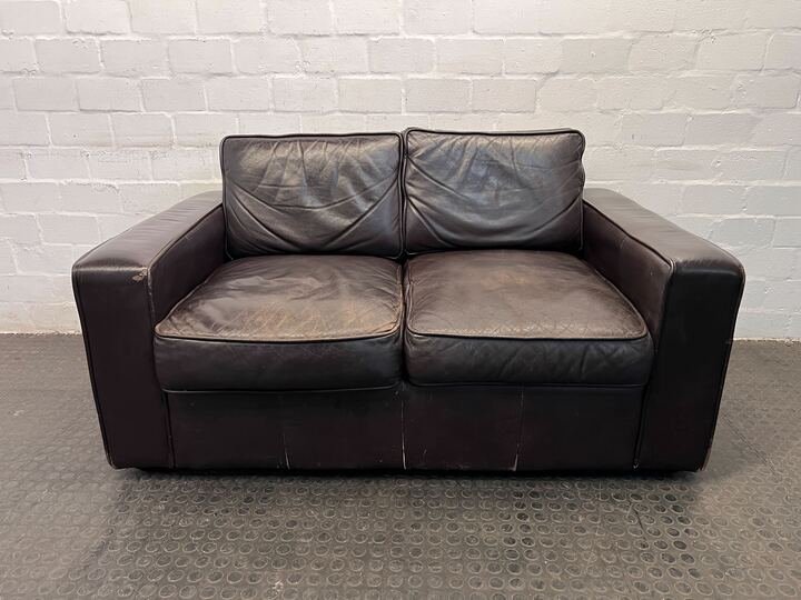 Dark Brown Leather Two Seater Couch (Scratches/Wear)