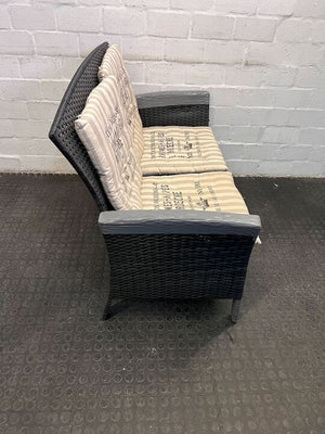 Dark Gray Woven Two Seater Patio Couch with Newspaper Patterned Cushions