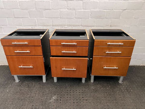 Light Brown Three Drawer Steel Handled Cupboard (Top Missing) (Width: 50cm)(Height: 71cm)