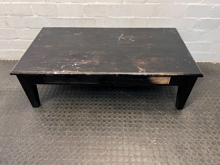 Dark Wooden Cocktail Coffee Table with Two Drawers (Quite Scratched)(Width:  130cm)(Height: 42cm)