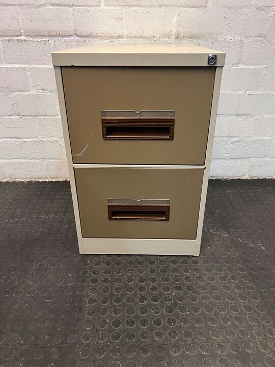 Steel Beige Two Drawer Filing Cabinet with Brown Plastic Handles (Paint Scratched) (Width: 63cm)(Height: 72cm)