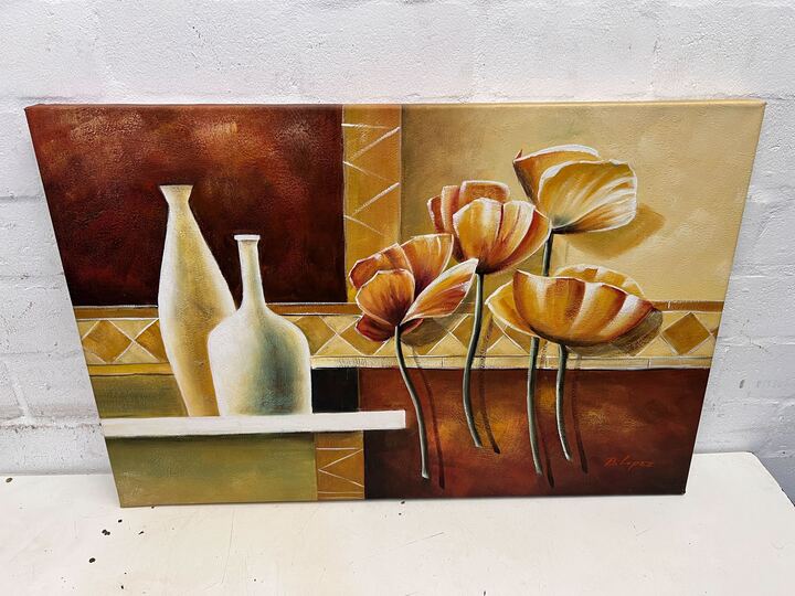 Amphora La Nora with the Sunset Flowers by B. Lopez Painting (Width: 61cm)(Height: 92cm)