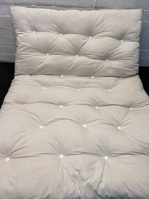 White Cushioned Two Seater Futon Sleeper Couch with Wooden Base