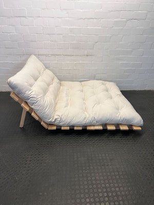 White Cushioned Two Seater Futon Sleeper Couch with Wooden Base