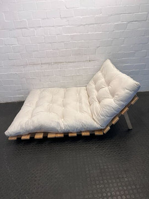 White Cushioned Two Seater Futon Sleeper Couch with Wooden Base