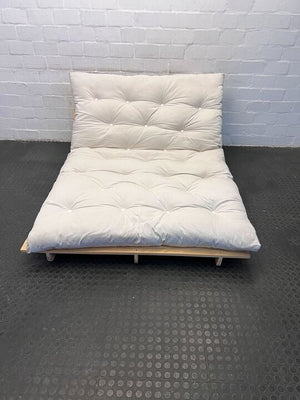 White Cushioned Two Seater Futon Sleeper Couch with Wooden Base