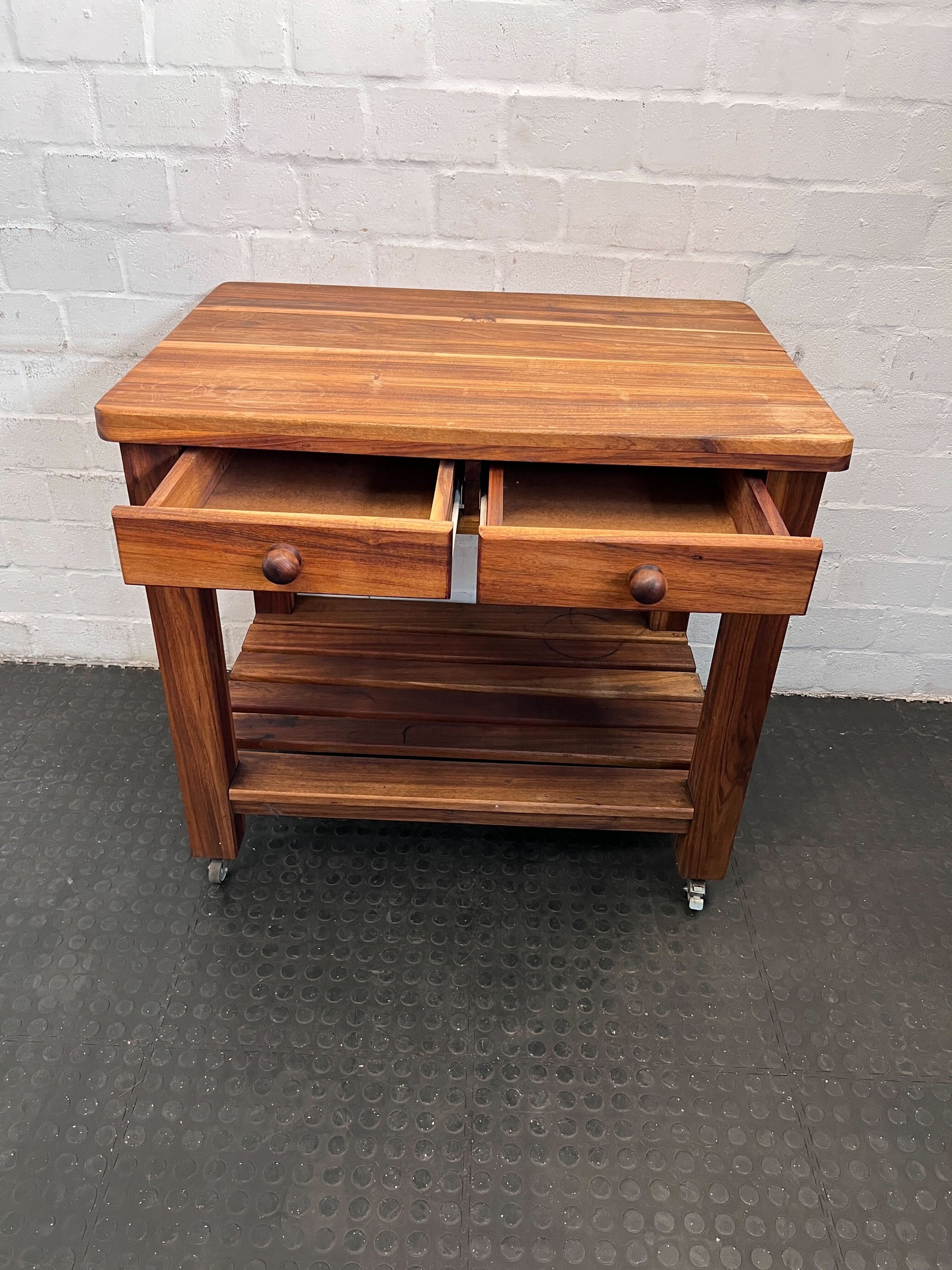 Wooden Butchers Block Table with Drawers - Rustic Brown Finish