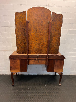 Vintage Wooden Vanity with Tri-Fold Mirror - Dark Brown, Solid Wood