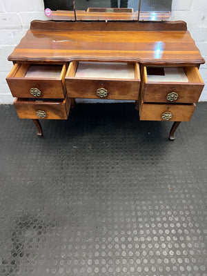 Vintage Wooden Vanity with Tri-Fold Mirror - Dark Brown, Solid Wood