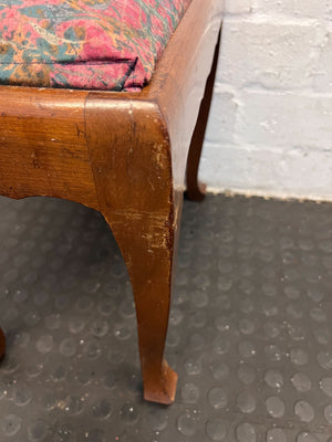 Vintage Upholstered Wooden Stool - Mahogany Finish with Floral Pattern