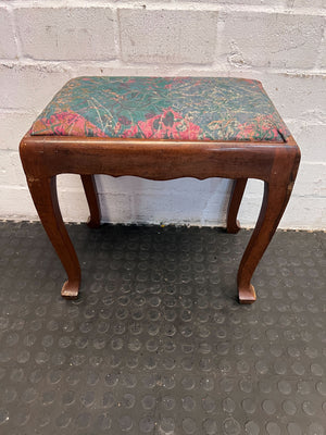 Vintage Upholstered Wooden Stool - Mahogany Finish with Floral Pattern