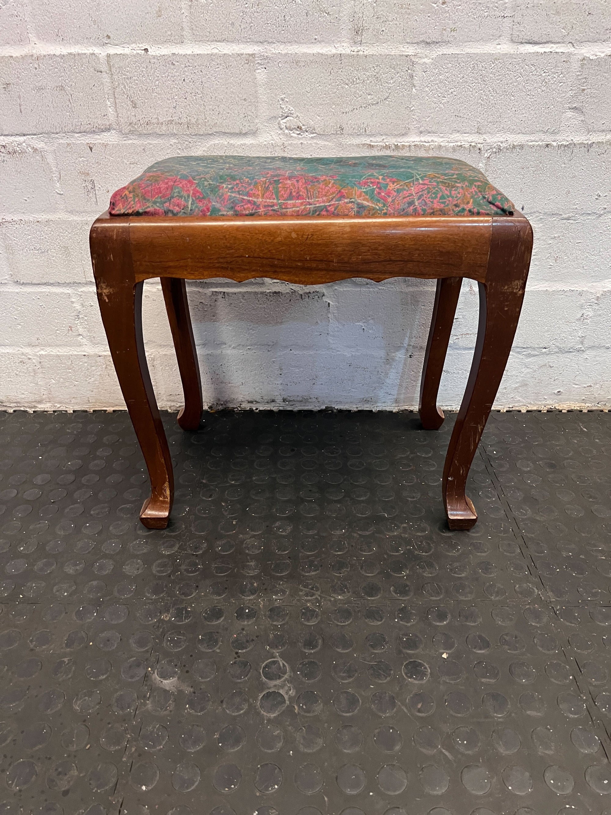 Vintage Upholstered Wooden Stool - Mahogany Finish with Floral Pattern