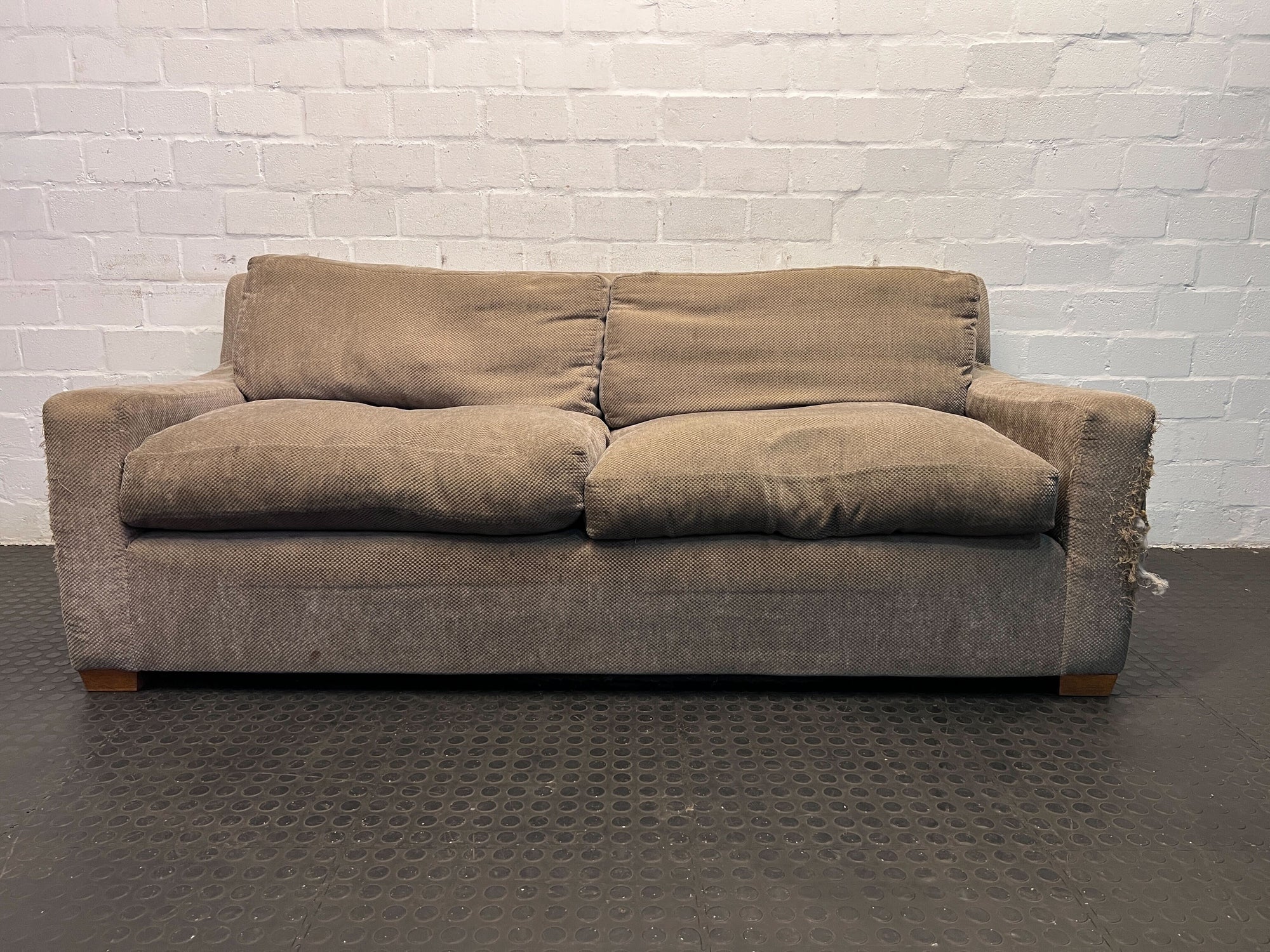 Casual Beige Fabric Sofa with Exposed Wood Legs - Fabric Damage