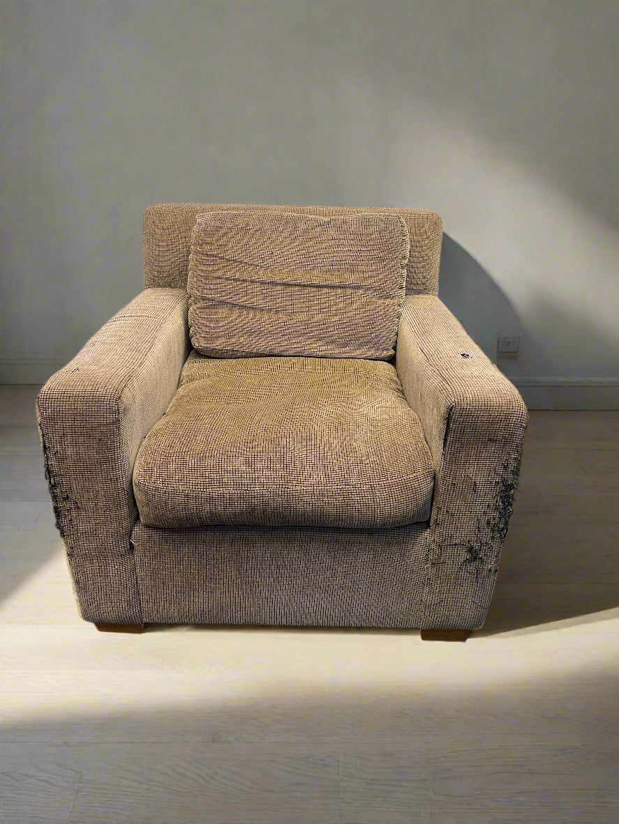 Comfortable Beige Fabric Armchair with Wooden Legs - Fabric Damage - PRICE DROP